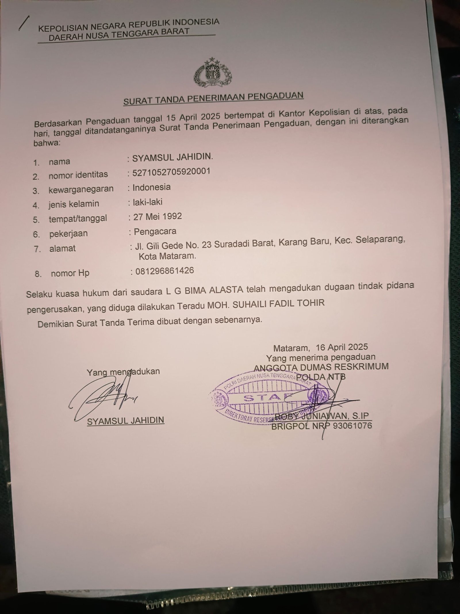 Mantan Bupati Lombok Tengah Dilaporkan Atas Dugaan Pengerusakan Mobil Sewaan - Teropongrakyat.co