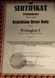 Polres Batu Raih Peringkat I Penyelamatan Kerugian Keuangan Negara dalam Penanganan Kasus Korupsi 2024 - Teropong Rakyat