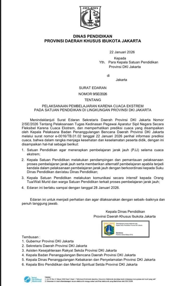 Disdik DKI Jakarta Terapkan PJJ Sementara Akibat Cuaca Ekstrem hingga 28 Januari 2026 - Teropong Rakyat