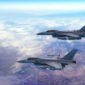 Advanced Fighter Jets Flying Together Above The Clouds. Accelerates And Disappears. War And Air Force Related 3D Illustration Render.