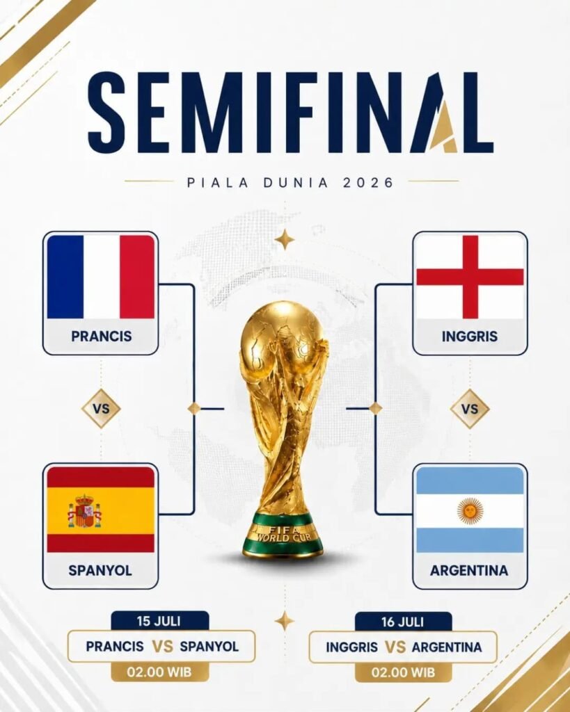 Portal Berita Indonesia dan Dunia Terkini Hari Ini, Update Harian Terbaru, Terlengkap, Tajam, Aktual dan Berimbang. Piala Dunia 2026: Empat Raksasa Bertahan, Prancis Lawan Spanyol, Inggris Hadapi Argentina - Teropong Rakyat