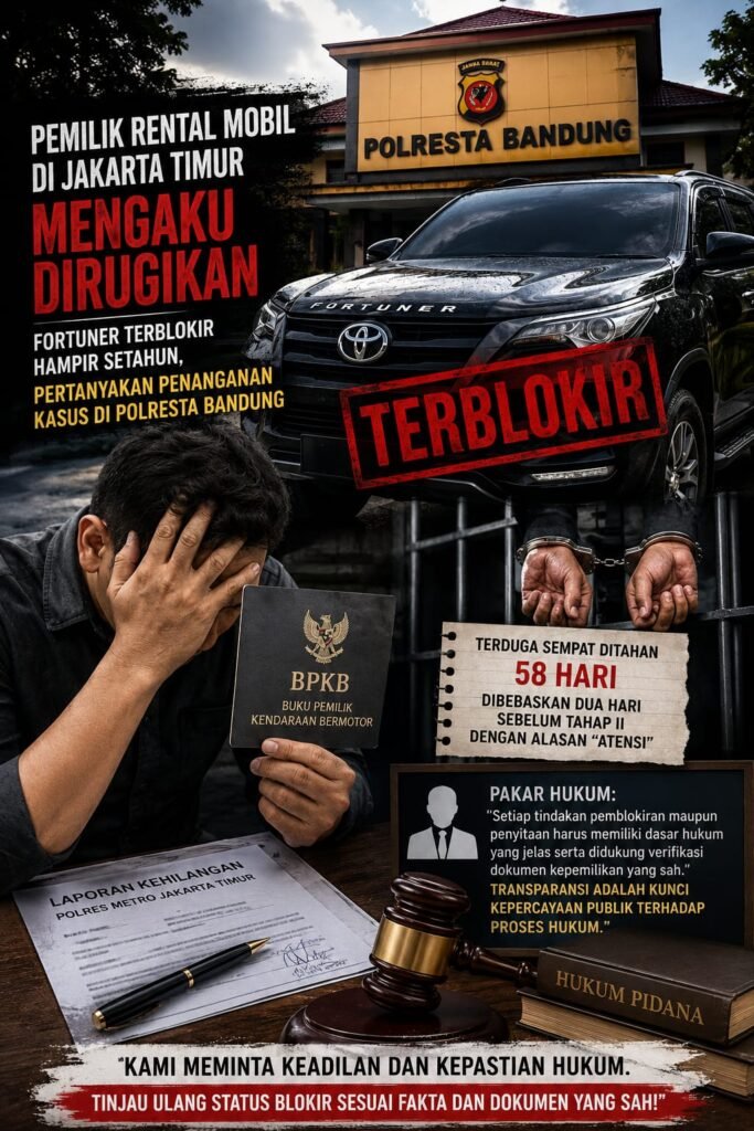 Portal Berita Indonesia dan Dunia Terkini Hari Ini, Update Harian Terbaru, Terlengkap, Tajam, Aktual dan Berimbang. Fortuner Rental Terblokir Hampir Setahun, Pemilik Pertanyakan Dasar Pemblokiran dan Penanganan Polresta Bandung - Teropong Rakyat