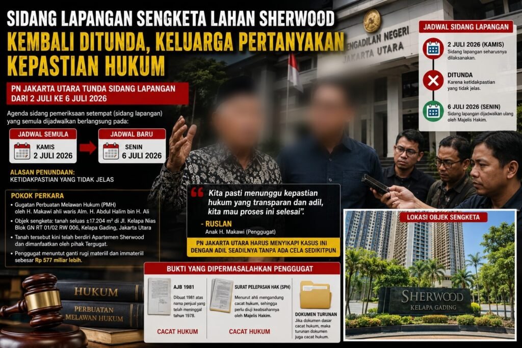 Portal Berita Indonesia dan Dunia Terkini Hari Ini, Update Harian Terbaru, Terlengkap, Tajam, Aktual dan Berimbang. Sidang Lapangan Sengketa Lahan Sherwood Kembali Tertunda, Ahli Waris Pertanyakan Kepastian Hukum - Teropong Rakyat