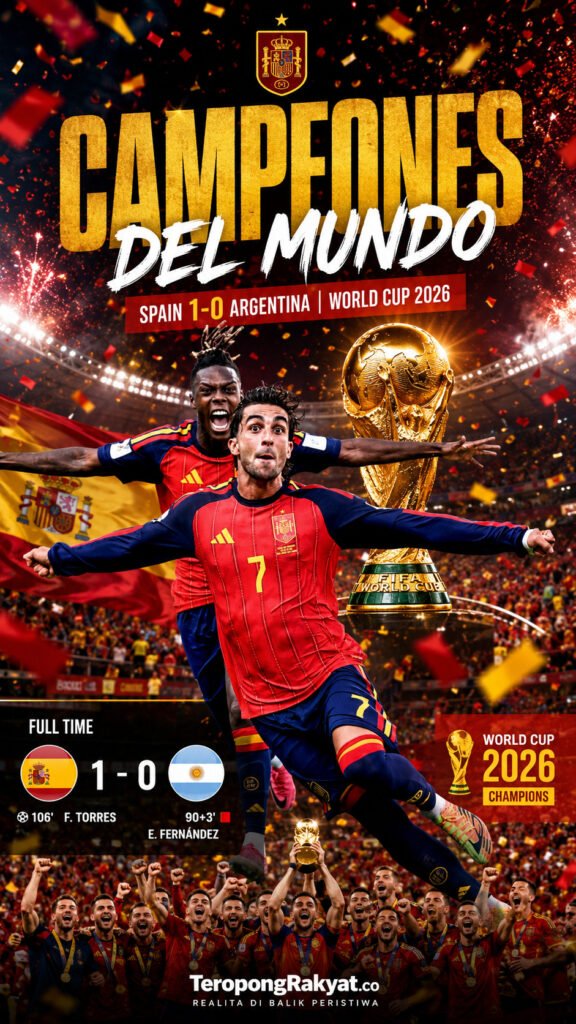 Portal Berita Indonesia dan Dunia Terkini Hari Ini, Update Harian Terbaru, Terlengkap, Tajam, Aktual dan Berimbang. Spanyol Juara Dunia 2026! Tumbangkan Argentina 1-0 Lewat Drama Extra Time - Teropong Rakyat