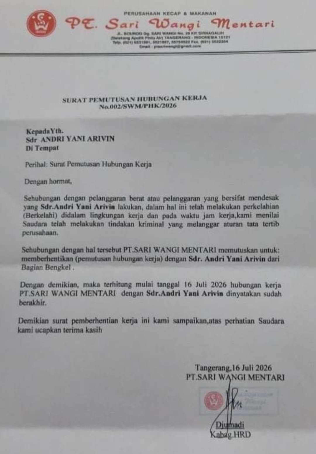 PT Sari Wangi Mentari Diduga Lakukan PHK Sepihak Kepada Korban Penusukan