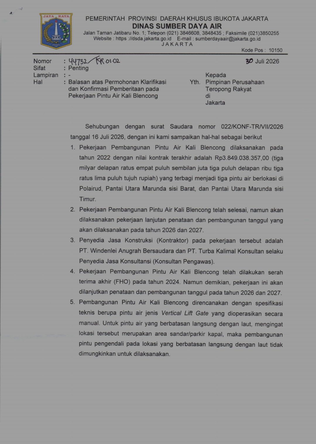 HAK JAWAB : Dinas Sumber Daya Air Provinsi DKI Jakarta Tanggapi Pemberitaan Terkait Pembangunan Pintu Air Kali Blencong - Teropong Rakyat