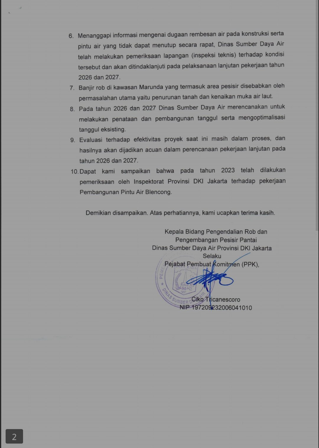 HAK JAWAB : Dinas Sumber Daya Air Provinsi DKI Jakarta Tanggapi Pemberitaan Terkait Pembangunan Pintu Air Kali Blencong - Teropong Rakyat