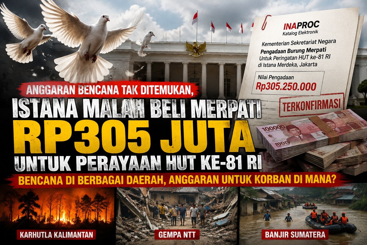 Portal Berita Indonesia dan Dunia Terkini Hari Ini, Update Harian Terbaru, Terlengkap, Tajam, Aktual dan Berimbang. Anggaran Bencana Dipertanyakan, Istana Gelontorkan Rp305 Juta untuk Pengadaan Merpati HUT ke-81 RI