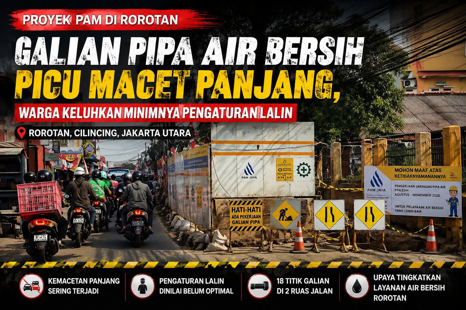 Galian Proyek PAM di Rorotan Tuai Sorotan, Warga Keluhkan Kemacetan dan Minimnya Pengaturan Lalu Lintas