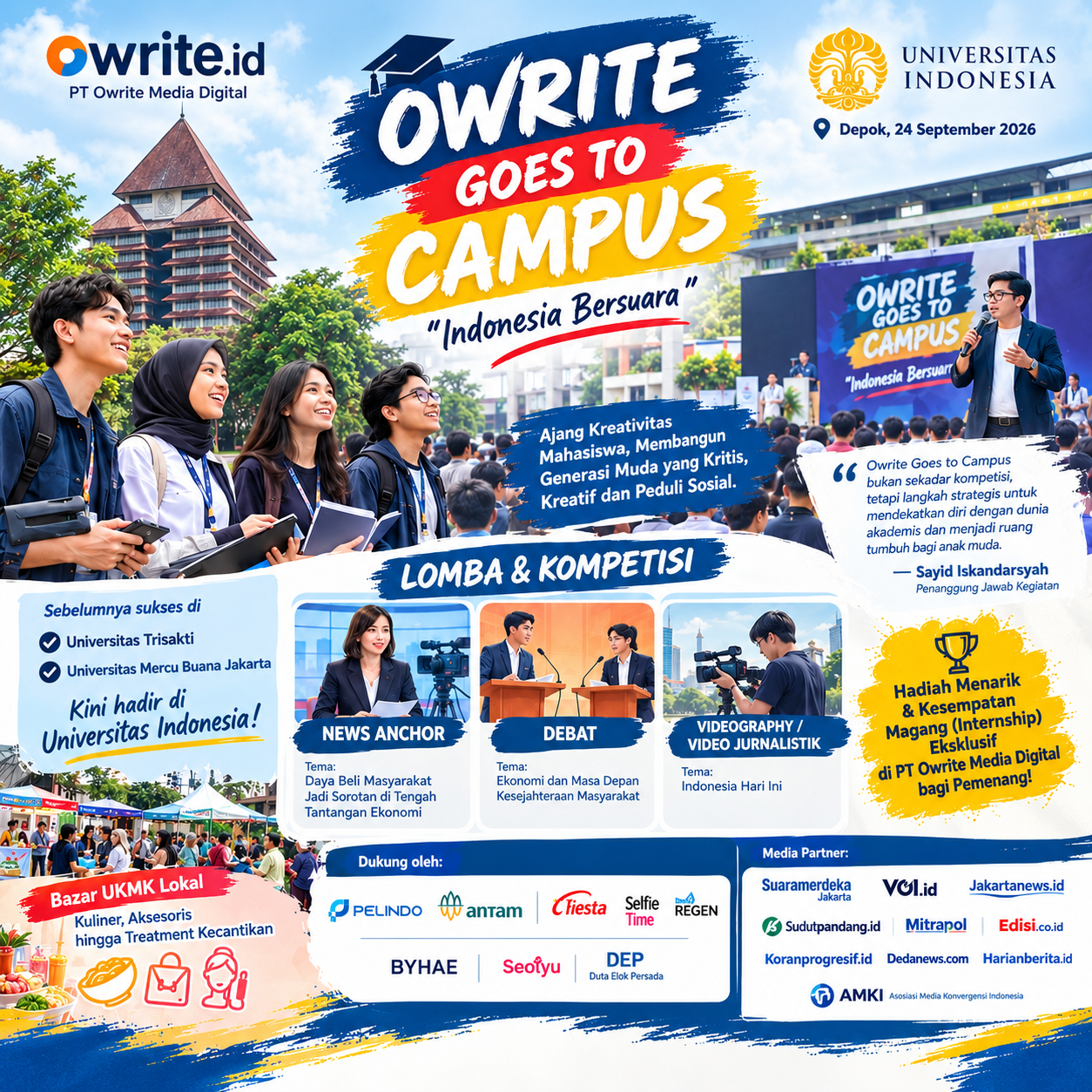 Portal Berita Indonesia dan Dunia Terkini Hari Ini, Update Harian Terbaru, Terlengkap, Tajam, Aktual dan Berimbang. Owrite Goes to Campus di UI, Sayid Iskandarsyah Soroti Potensi Talenta Muda di Era Digital