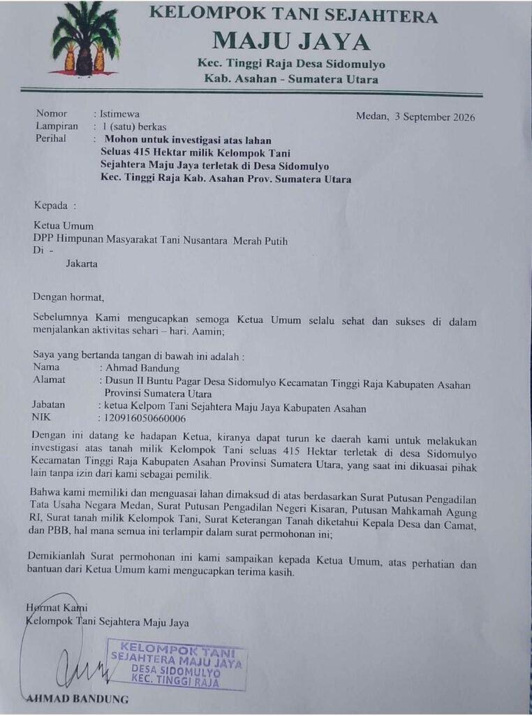 Portal Berita Indonesia dan Dunia Terkini Hari Ini, Update Harian Terbaru, Terlengkap, Tajam, Aktual dan Berimbang. Ketua Kelompok Tani Sejahtera Maju Jaya Minta Ketum HMTN-MP Asril Naska Turun ke Lahan Sengketa 415 Hektare - Teropong Rakyat