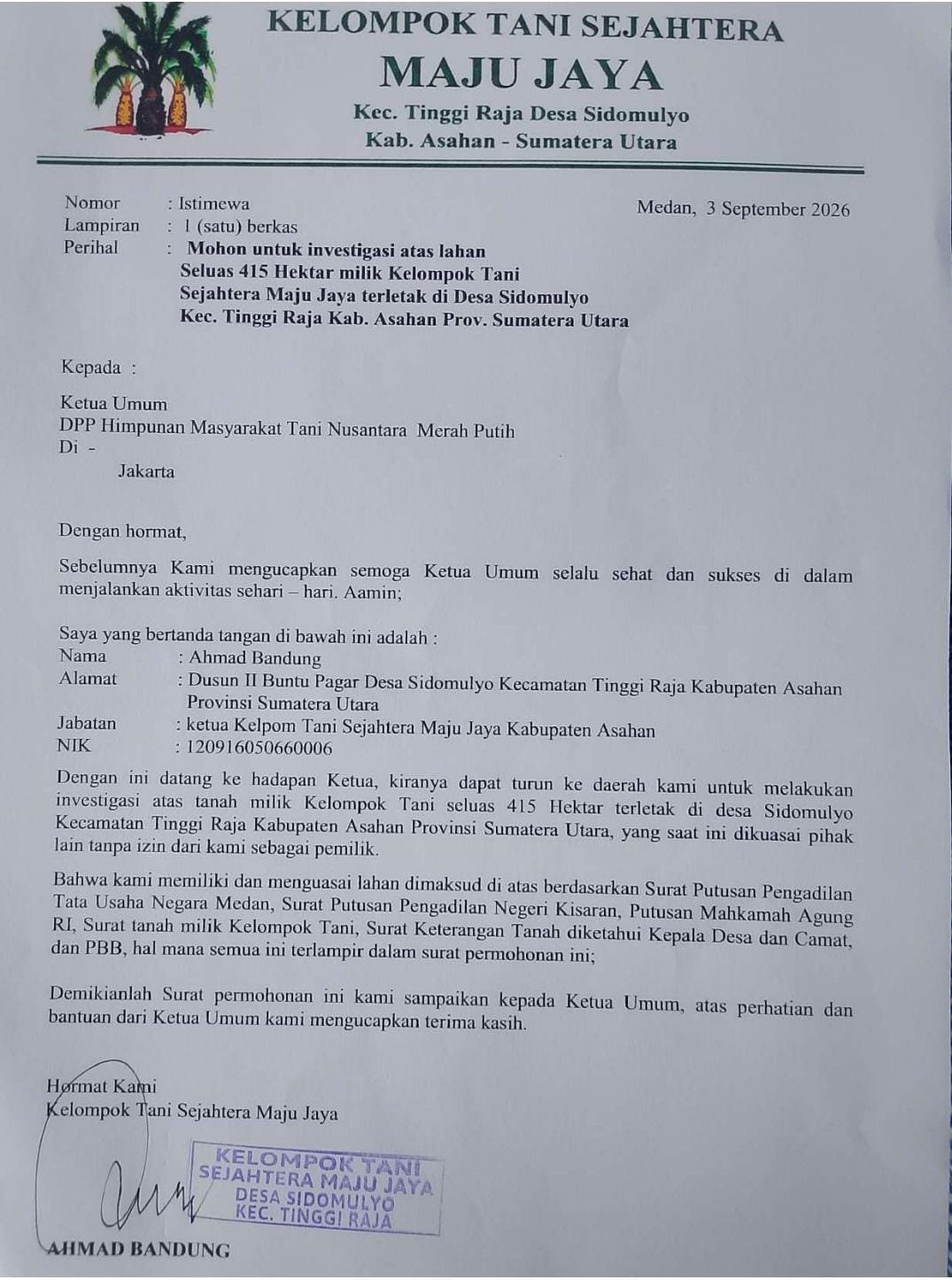 Ketua Kelompok Tani Sejahtera Maju Jaya Minta Ketum HMTN-MP Asril Naska Turun ke Lahan Sengketa 415 Hektare