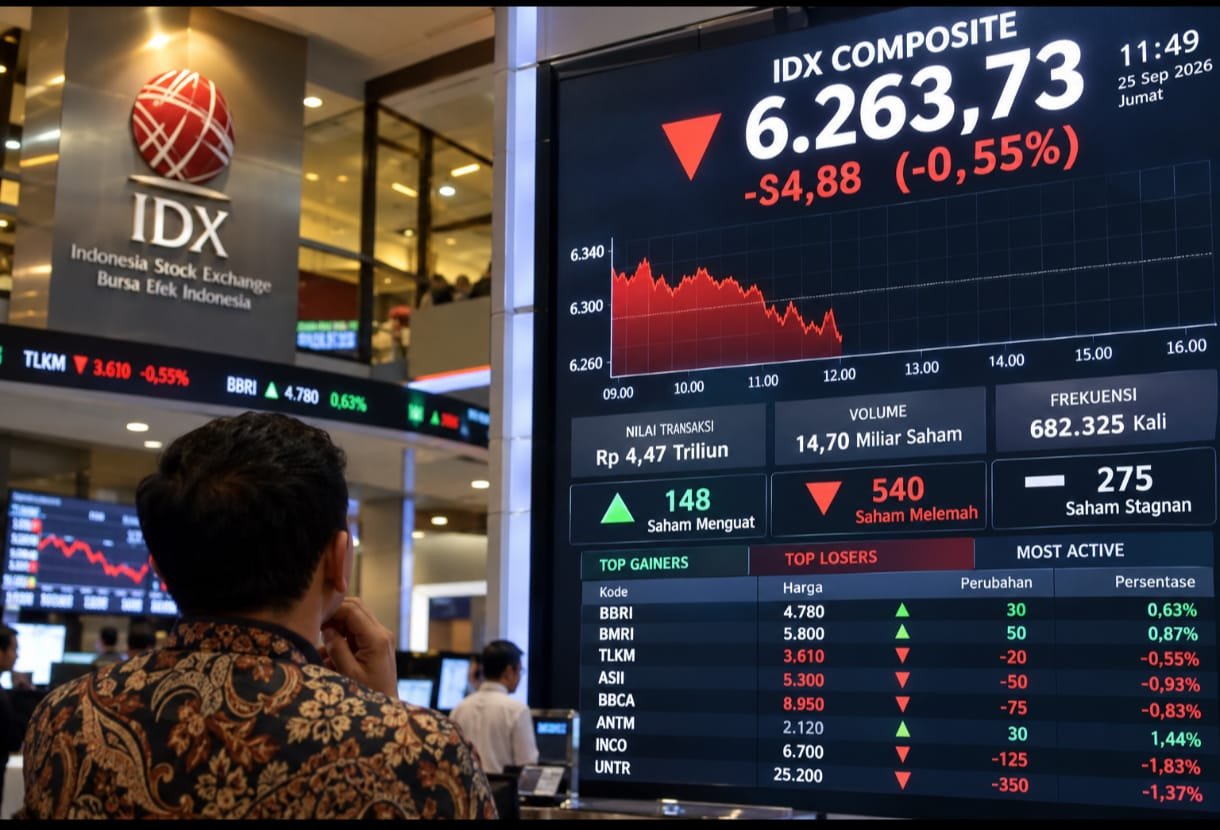 IHSG Berbalik Melemah, Sesi I Turun 0,55 Persen ke Level 6.263