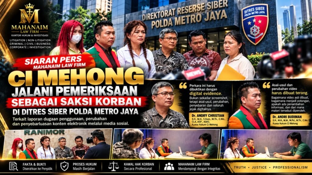Portal Berita Indonesia dan Dunia Terkini Hari Ini, Update Harian Terbaru, Terlengkap, Tajam, Aktual dan Berimbang. Ci Mehong Jalani Pemeriksaan sebagai Saksi Korban, Mahanaim Law Firm Soroti Jejak Digital dan Asal-Usul Video - Teropong Rakyat