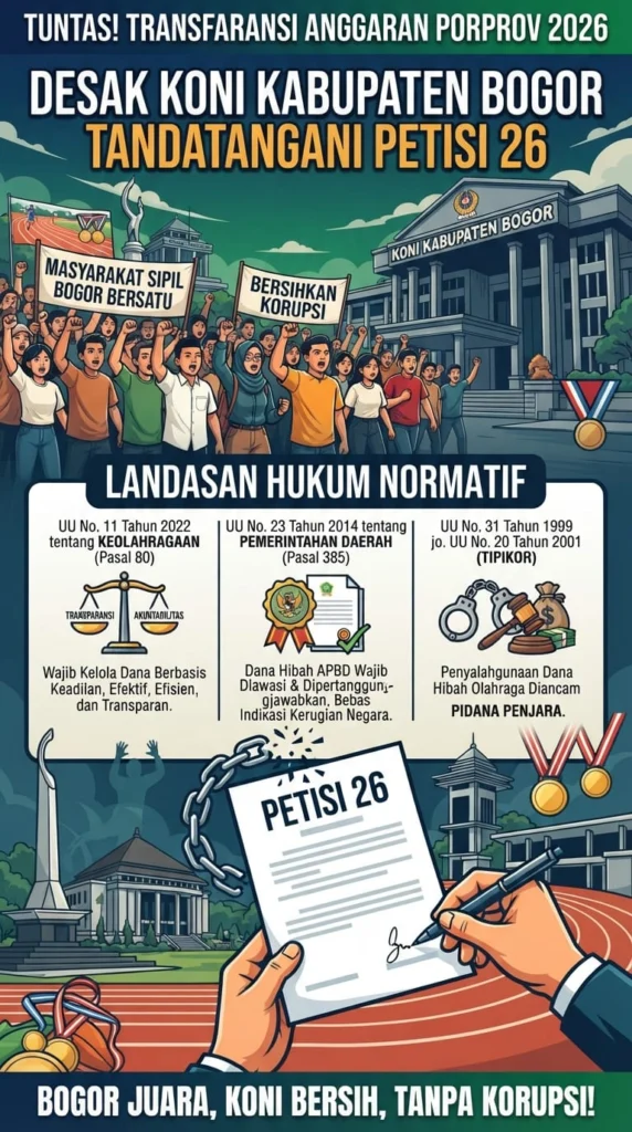 Soroti Tata Kelola Anggaran Olahraga, PETISI 26 Desak KONI Kabupaten Bogor Teken Komitmen Transparansi Porprov 2026 - Teropong Rakyat
