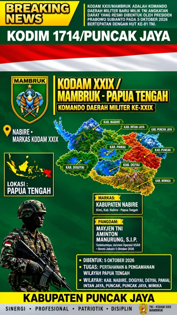 Portal Berita Indonesia dan Dunia Terkini Hari Ini, Update Harian Terbaru, Terlengkap, Tajam, Aktual dan Berimbang. Kodam XXIX/Mambruk Resmi Berdiri di Nabire, Perkuat Pertanahan dan Pengabdian TNI AD di Papua Tengah - Teropong Rakyat