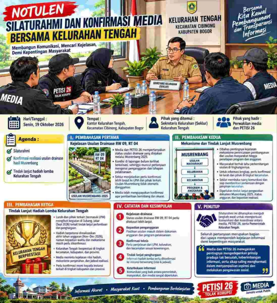 Portal Berita Indonesia dan Dunia Terkini Hari Ini, Update Harian Terbaru, Terlengkap, Tajam, Aktual dan Berimbang. PETISI 26 dan Media Soroti Drainase, Hadiah Lomba, hingga Polemik Pasar Cikema di kecamatan Cibinong - Teropong Rakyat