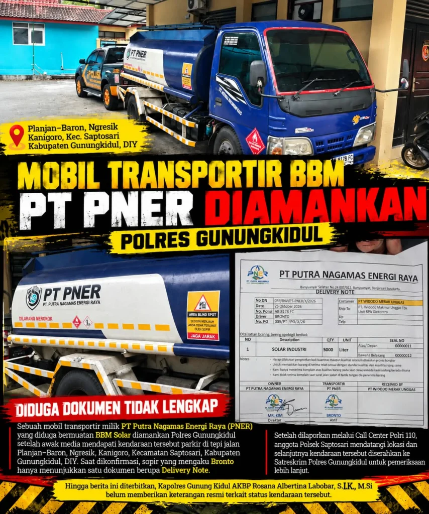 Diduga Dokumen Pengangkutan Belum Lengkap, Mobil Transportir BBM PT PNER Diamankan Polres Gunungkidul - Teropong Rakyat