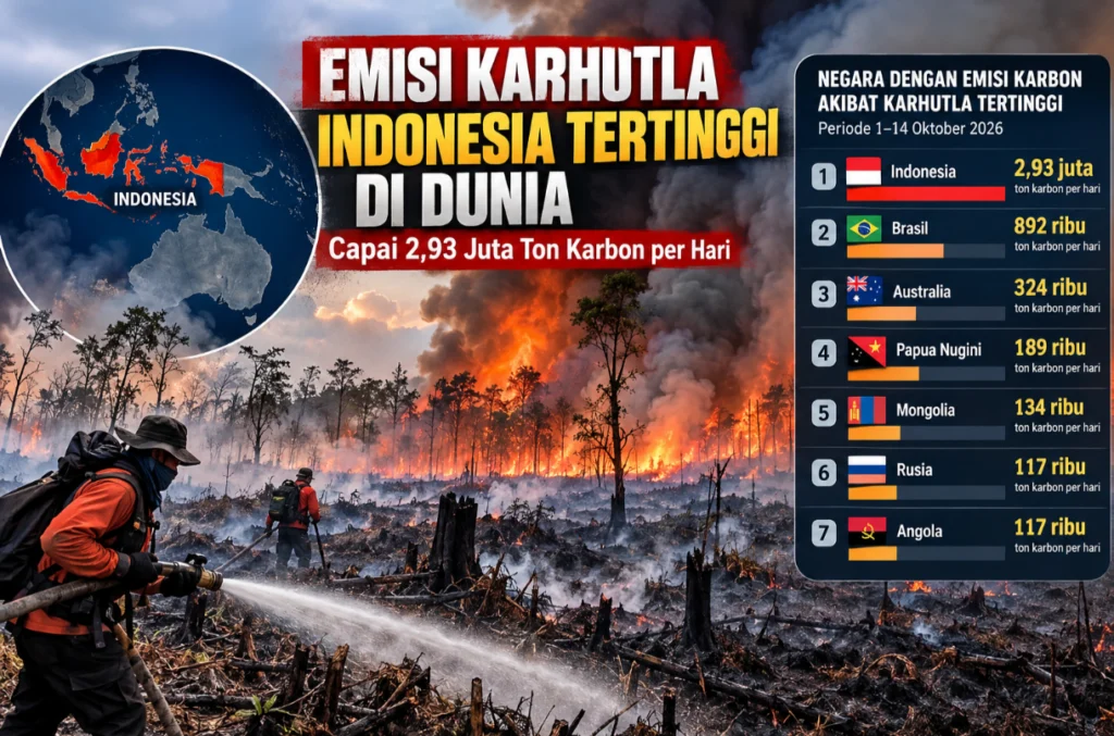 Portal Berita Indonesia dan Dunia Terkini Hari Ini, Update Harian Terbaru, Terlengkap, Tajam, Aktual dan Berimbang. Emisi Karhutla Indonesia Tertinggi di Dunia pada Awal Oktober 2026, Capai 2,93 Juta Ton Karbon per Hari - Teropong Rakyat
